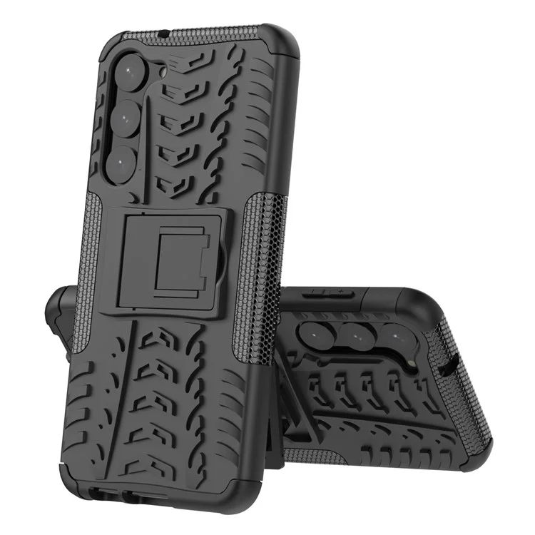 Anti-scratch Phone Case for Samsung Galaxy S23+, Hard PC+TPU Tires Style Cool Rugged Kickstand Phone Cover - Black