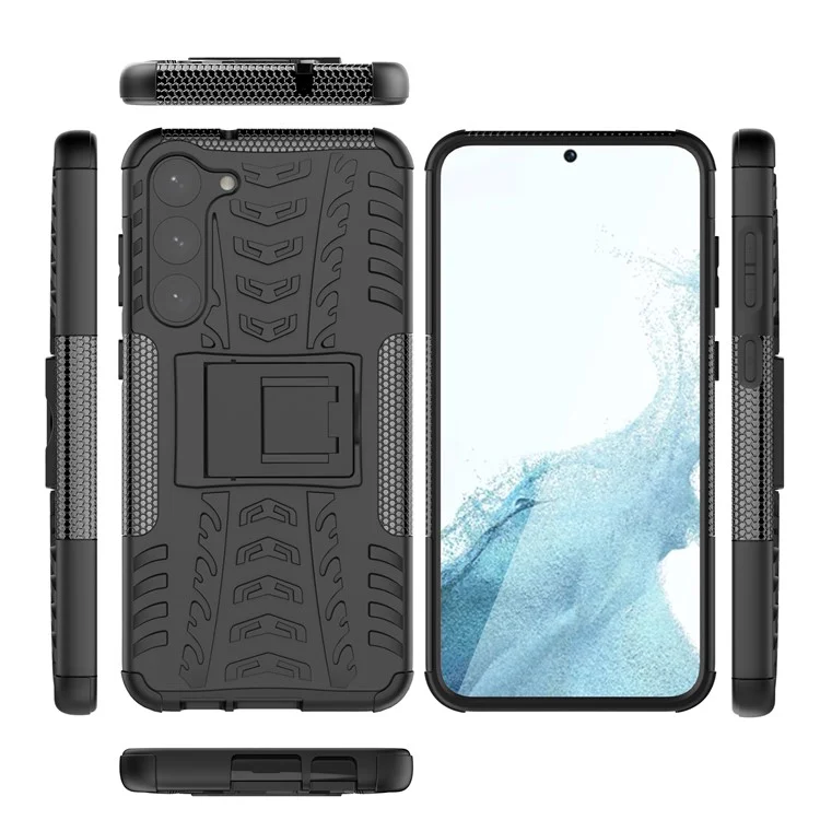 Anti-scratch Phone Case for Samsung Galaxy S23+, Hard PC+TPU Tires Style Cool Rugged Kickstand Phone Cover - Black