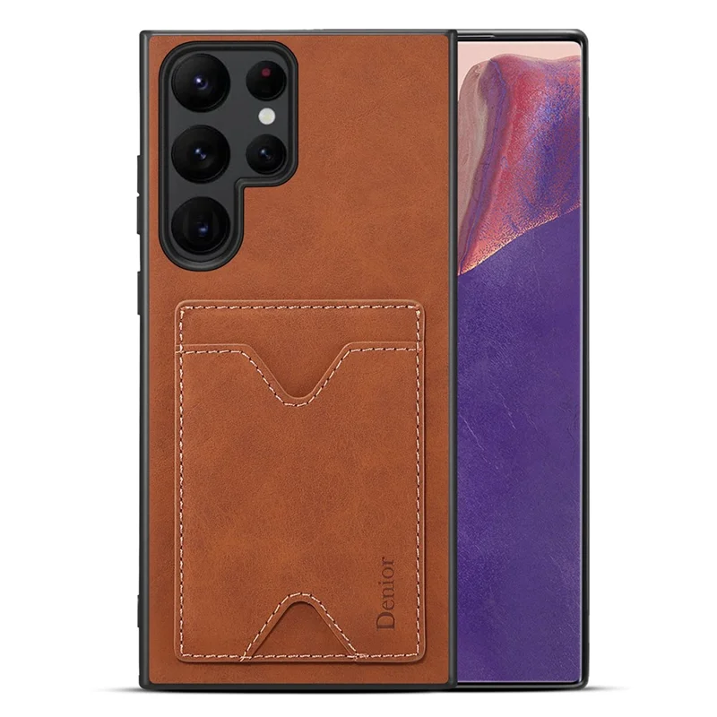 Denior Anti-fall Telefono Custodia Per Samsung Galaxy S23 Ultra PU Case TPU Rivestito in Pelle TPU Coperchio - Marrone