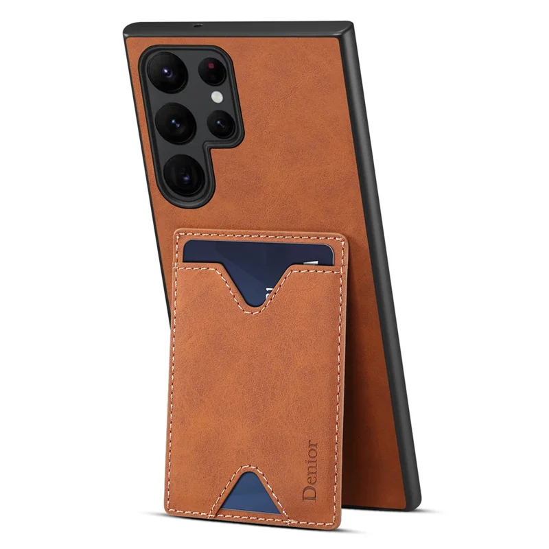Denior Anti-fall Telefono Custodia Per Samsung Galaxy S23 Ultra PU Case TPU Rivestito in Pelle TPU Coperchio - Marrone