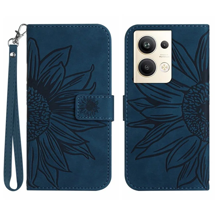 Carie de Téléphone Imprimé de Tournesol Pour Oppo Reno9 Pro + 5G, HT04 Anti-fall Skin-Touch Flip Phone Wallet Cover Seck With Hand - Bleu Foncé