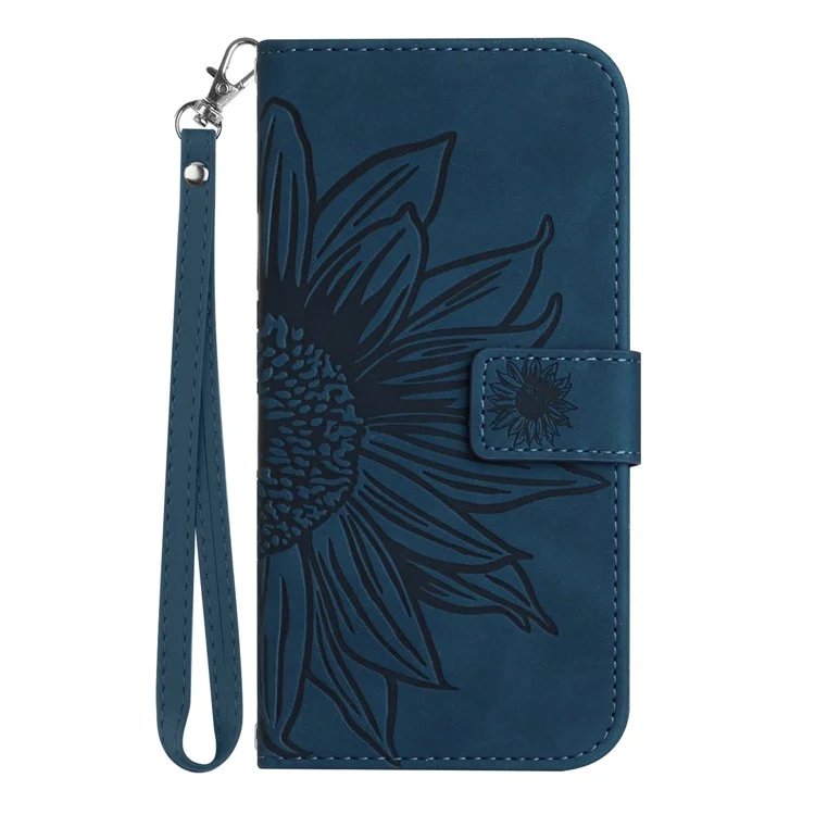 Carie de Téléphone Imprimé de Tournesol Pour Oppo Reno9 Pro + 5G, HT04 Anti-fall Skin-Touch Flip Phone Wallet Cover Seck With Hand - Bleu Foncé