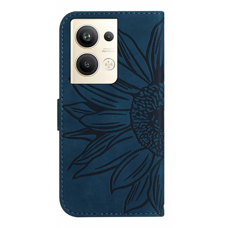 Carie de Téléphone Imprimé de Tournesol Pour Oppo Reno9 Pro + 5G, HT04 Anti-fall Skin-Touch Flip Phone Wallet Cover Seck With Hand - Bleu Foncé