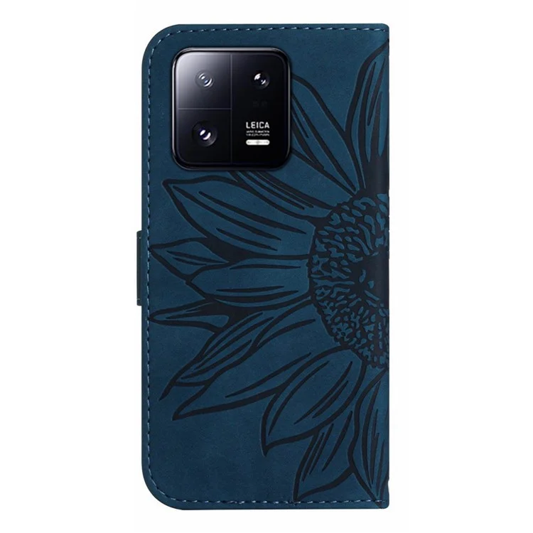 Funda de teléfono antiincrustaciones para Xiaomi 13 5G HT04 con estampado de girasol, piel de tacto suave PU y soporte de cartera - Azul oscuro