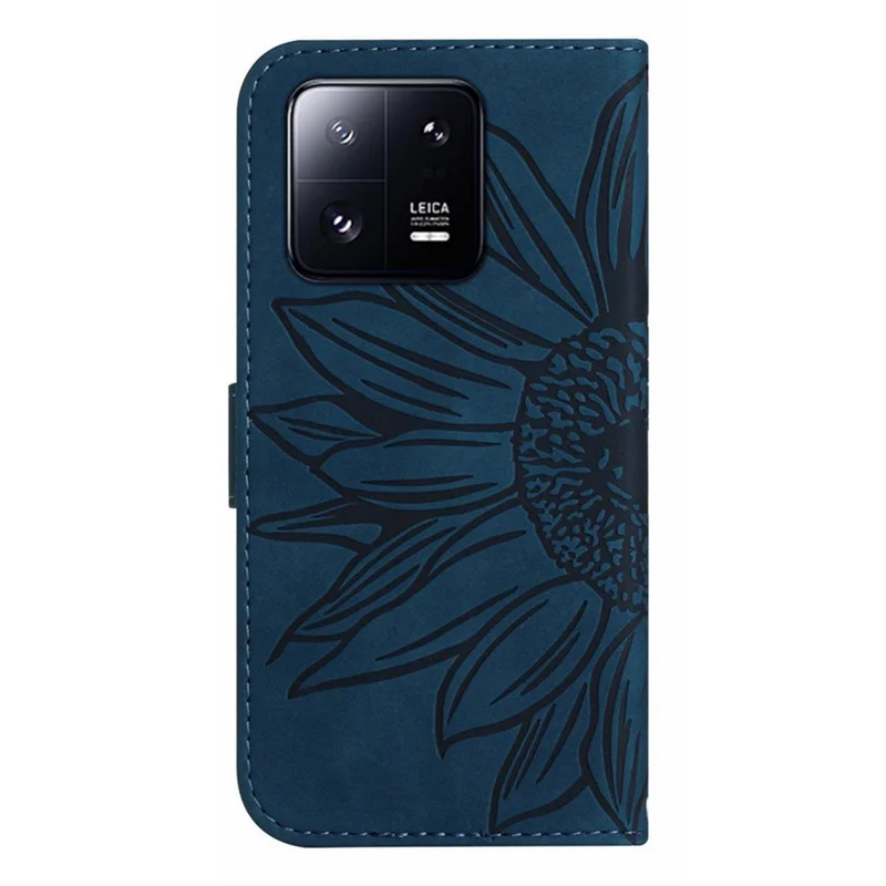 For Xiaomi 13 Pro 5G HT04 Sunflower Imprinted Flip Wallet Case Skin-Touch PU Leather Stand Protective Cell Phone Cover with Hand Strap - Dark Blue