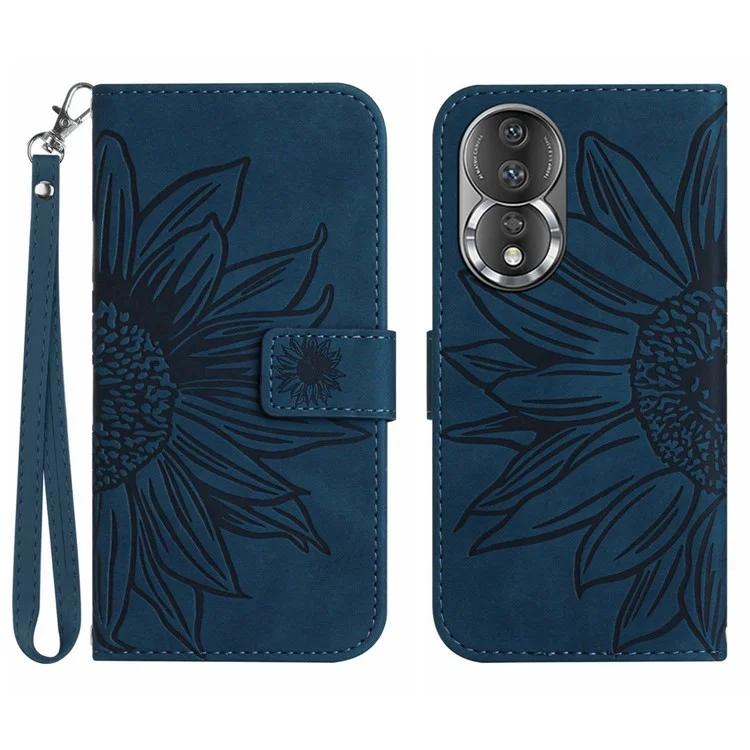 Couvercle de Téléphone à L'épreuve du Choc Pour Honor 80 5G, HT04 Sunflower Imprimé de Cutain de Skin-touch PU Cuir Flip Wallet Boîte Avec Sangle à Main - Bleu Foncé