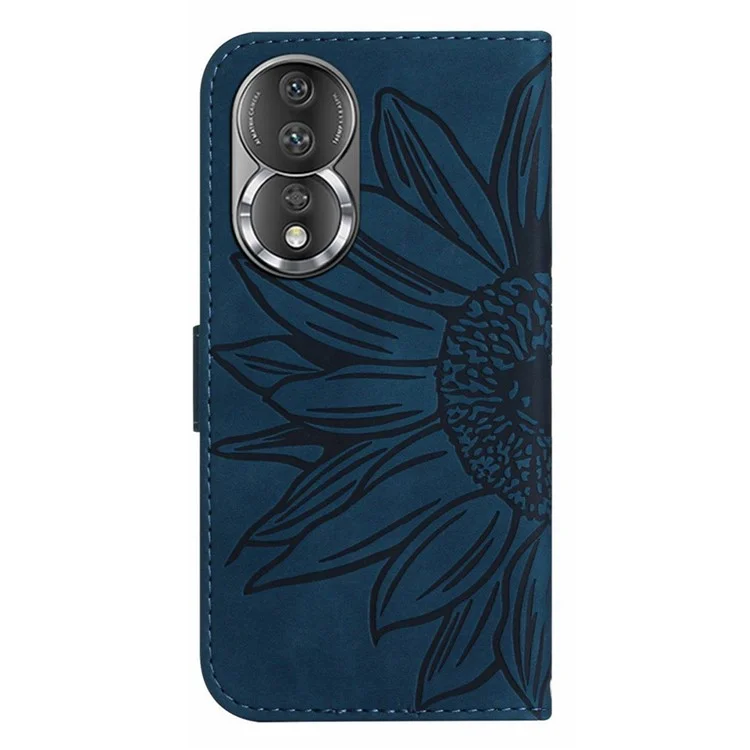 Couvercle de Téléphone à L'épreuve du Choc Pour Honor 80 5G, HT04 Sunflower Imprimé de Cutain de Skin-touch PU Cuir Flip Wallet Boîte Avec Sangle à Main - Bleu Foncé