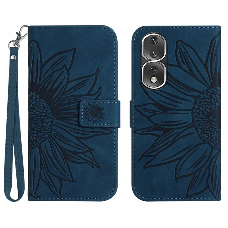 Für Ehren 80 Pro 5G HT04 Sonnenblume Eingeprägte Drop-proof-telefon-brieftaschen-hülle Haut-touch-pu-leder-telefonabdeckung Mit Handgurt - Dunkelblau