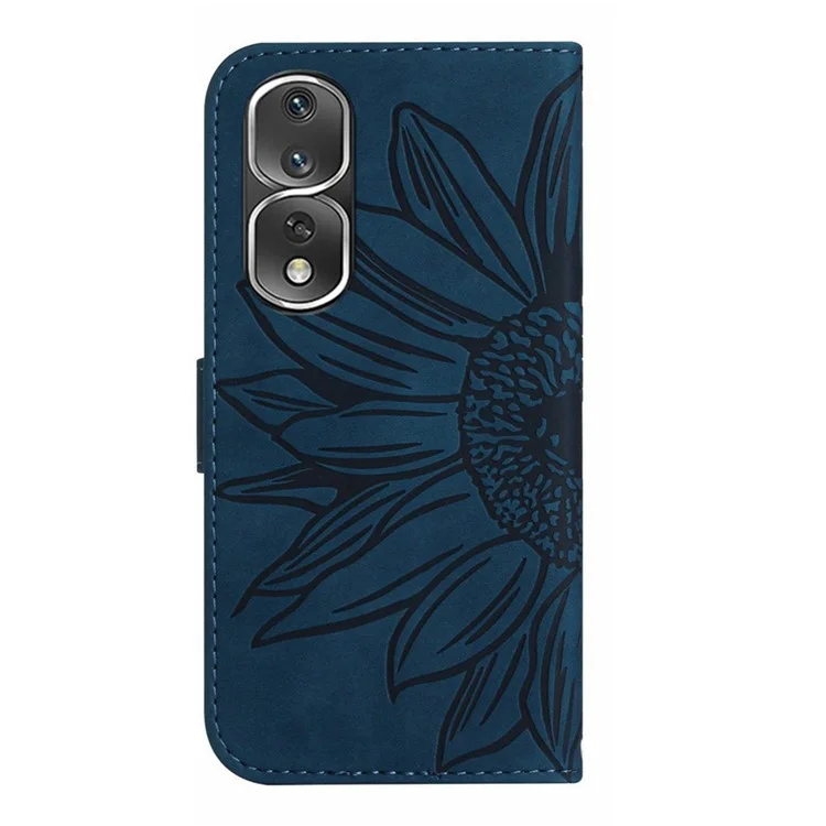 Für Ehren 80 Pro 5G HT04 Sonnenblume Eingeprägte Drop-proof-telefon-brieftaschen-hülle Haut-touch-pu-leder-telefonabdeckung Mit Handgurt - Dunkelblau