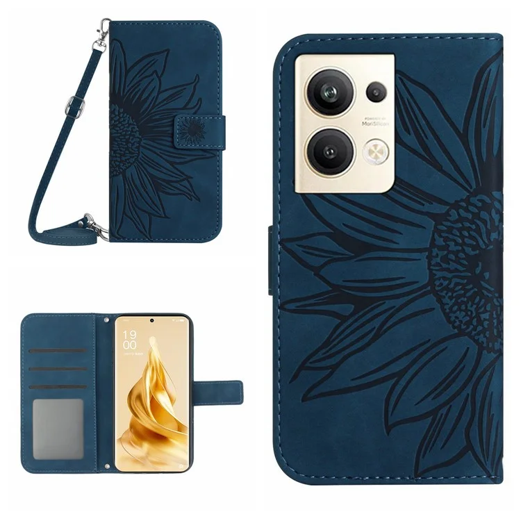 Schutzhelfer Für Oppo Reno9 Pro+ 5G, HT04 PU Leder Sonnenblumen Eingeprägter Brieftaschenstand Haut-touch-flip-telefonhülle Mit Schultergurt - Dunkelblau