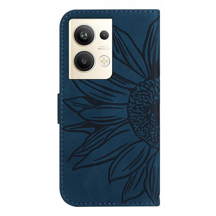 Schutzhelfer Für Oppo Reno9 Pro+ 5G, HT04 PU Leder Sonnenblumen Eingeprägter Brieftaschenstand Haut-touch-flip-telefonhülle Mit Schultergurt - Dunkelblau