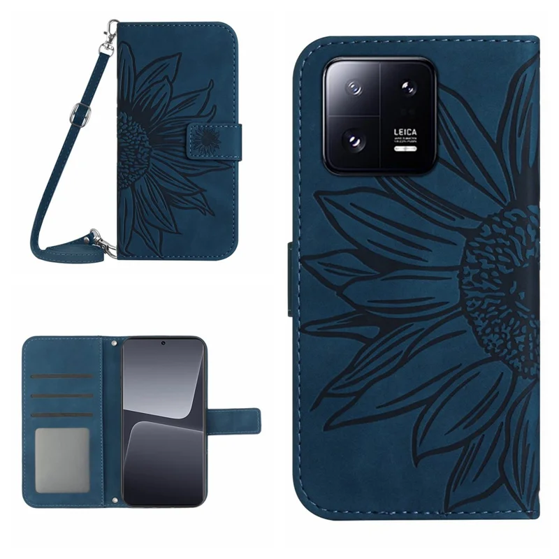 For Xiaomi 13 Pro 5G HT04 Phone Cover PU Leather Sunflower Imprinted Foldable Stand Wallet Skin-touch Feeling Phone Case with Shoulder Strap - Dark Blue