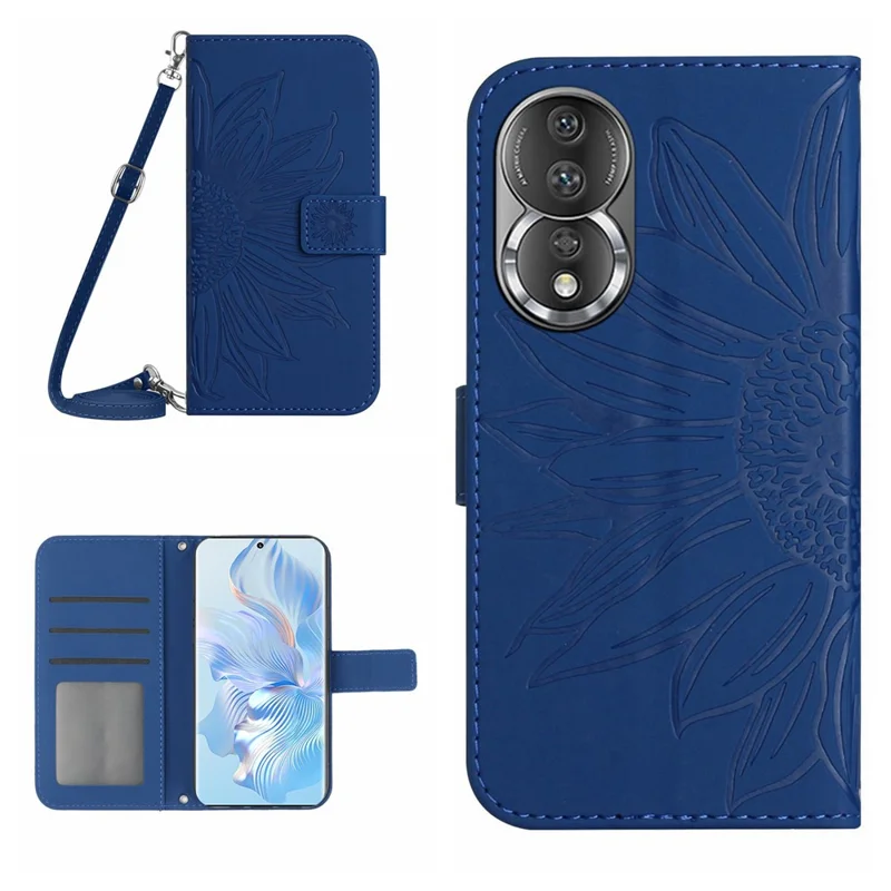 For Honor 80 5G HT04 Protective Flip Phone Wallet Cover PU Leather Sunflower Imprinted Stand Skin-touch Feeling Phone Case with Shoulder Strap - Sapphire