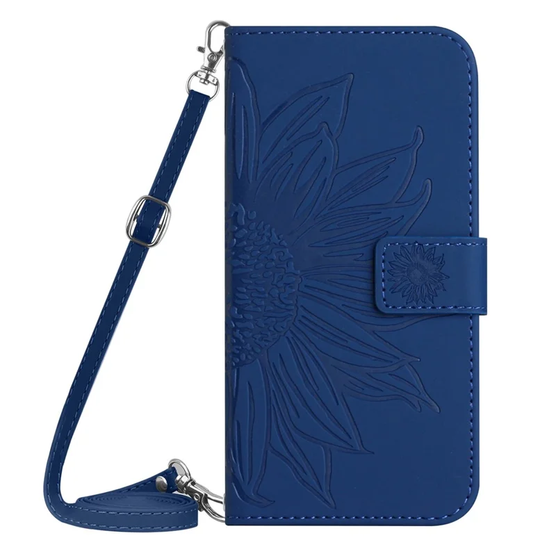 For Honor 80 5G HT04 Protective Flip Phone Wallet Cover PU Leather Sunflower Imprinted Stand Skin-touch Feeling Phone Case with Shoulder Strap - Sapphire