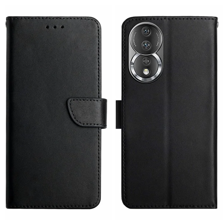 Case de Teléfonos Celulares HT02 Para Honor 80 5G, Función de Soporte de Cierre Magnético Fuerte de Cuero Genuino Textura de Textura Flip Phone Cover - Negro
