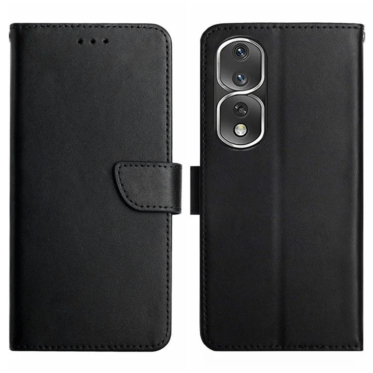 HT02 Telefonständer Hülle Tasche Für Ehren 80 Pro 5g, Echte Leder -nappa -textur Brieftasche Starker Magnetverschluss Telefonschale - Schwarz