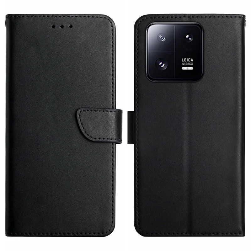 HT02 Stand Wallet Phone Case for Xiaomi 13 Pro 5G, Genuine Leather Nappa Texture Full Protection Folio Flip Cover - Black
