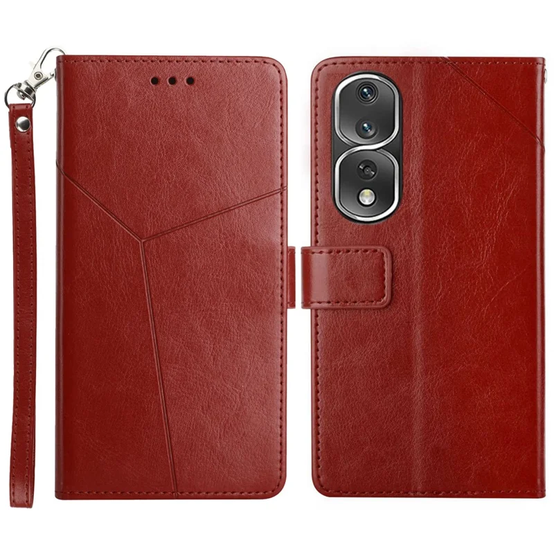 HT01 For Honor 80 Pro 5G PU Leather Phone Case Imprinted Y-Shaped Lines Phone Cover Wallet Foldable Stand Shell with Strap - Brown