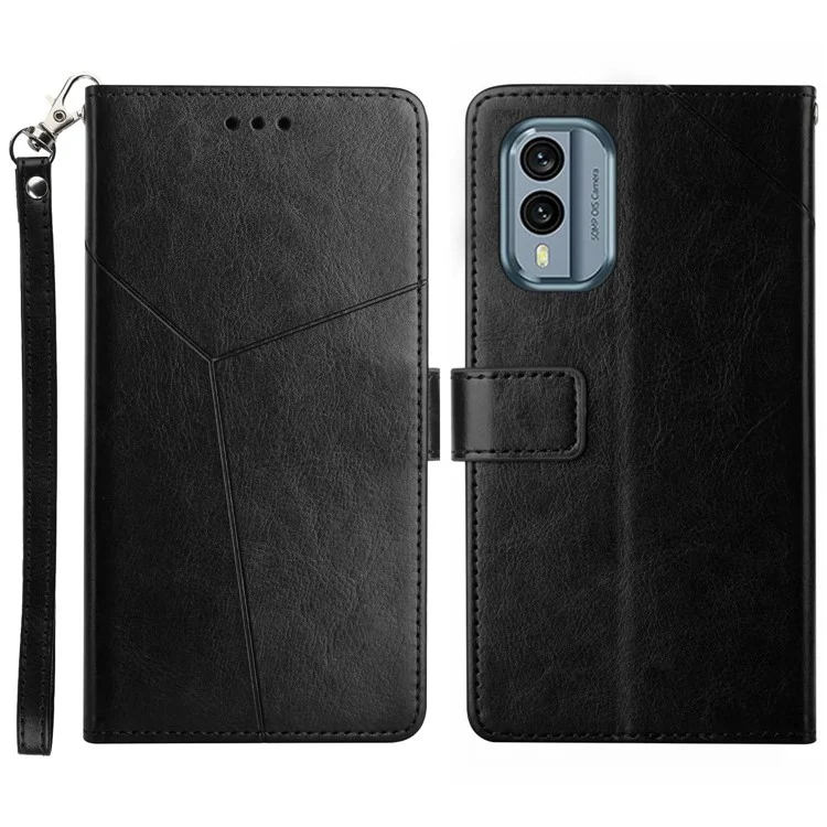 HT01 Cell Phone Case Bag for Nokia X30 5G, PU Leather Imprinted Y-Shaped Lines Wallet Foldable Stand Shell with Strap - Black