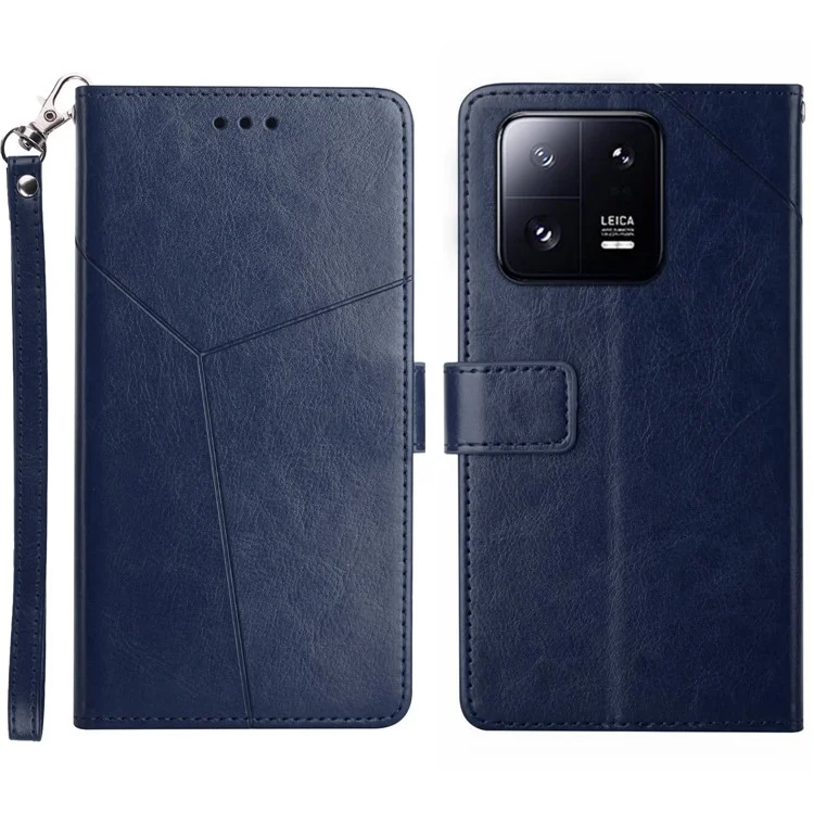 HT01 Para Xiaomi 13 5G Anti-ridiculte Imprimido Línea en Forma de y PU Cuero Flip Case Funda de la Billetera Cubierta de Teléfono Plegable Con Correa - Azul