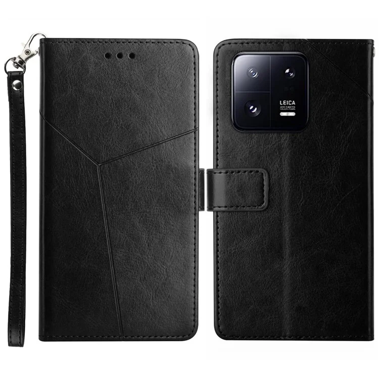 HT01 Mobile Phone Case for Xiaomi 13 Pro 5G, Shockproof PU Leather Imprinted Y-Shaped Lines Wallet Phone Stand Cover - Black