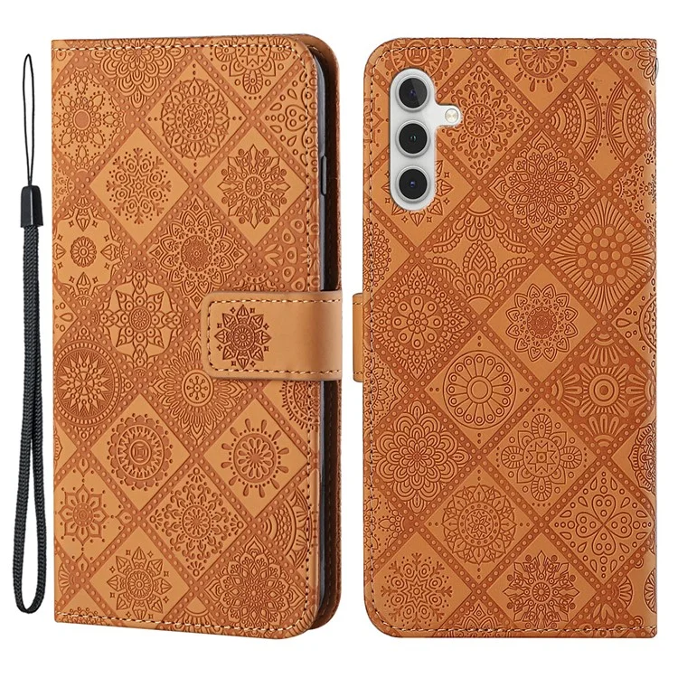 For Samsung Galaxy A54 5G Ethnic Style Flower Imprinted PU Leather Phone Case Stand Wallet Magnetic Clasp Cover with Strap - Brown