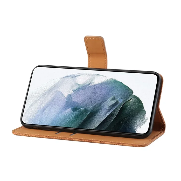 For Samsung Galaxy A54 5G Ethnic Style Flower Imprinted PU Leather Phone Case Stand Wallet Magnetic Clasp Cover with Strap - Brown