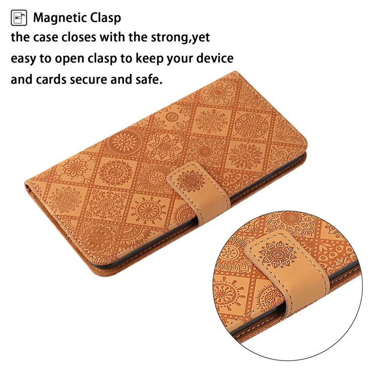 For Samsung Galaxy A54 5G Ethnic Style Flower Imprinted PU Leather Phone Case Stand Wallet Magnetic Clasp Cover with Strap - Brown