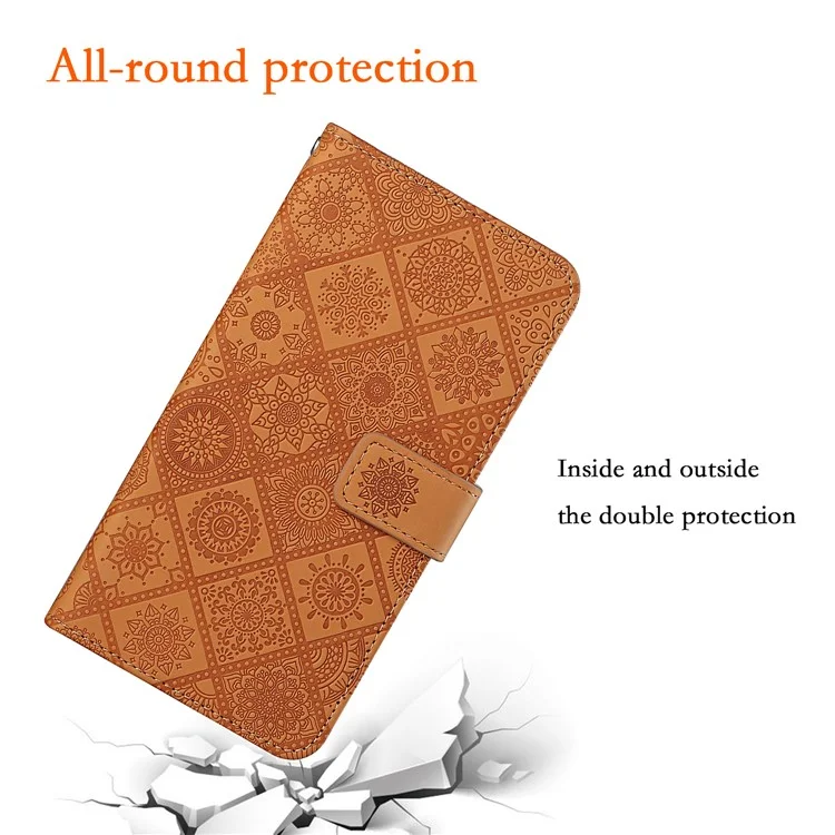 For Samsung Galaxy A54 5G Ethnic Style Flower Imprinted PU Leather Phone Case Stand Wallet Magnetic Clasp Cover with Strap - Brown