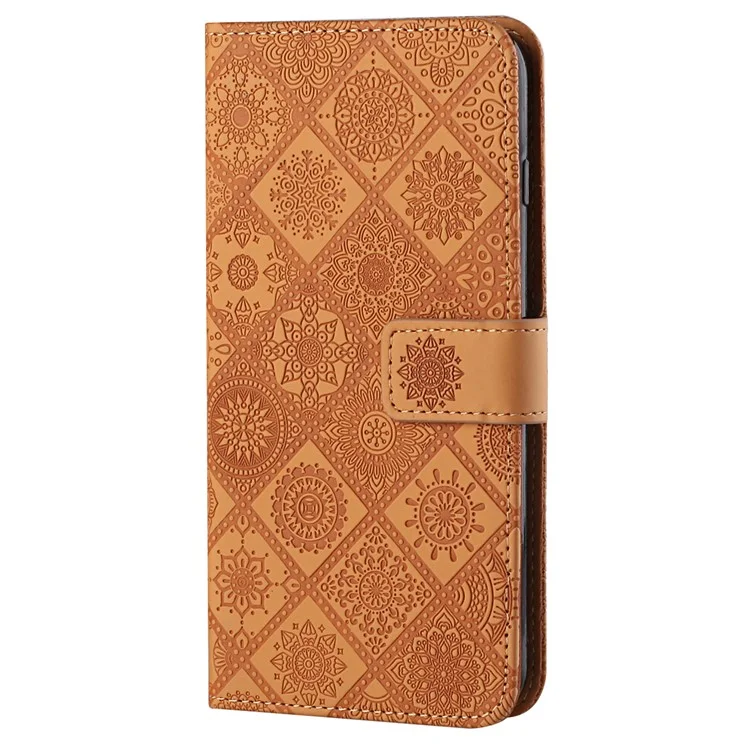 For Samsung Galaxy A54 5G Ethnic Style Flower Imprinted PU Leather Phone Case Stand Wallet Magnetic Clasp Cover with Strap - Brown