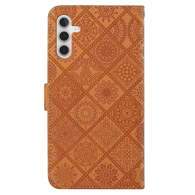 For Samsung Galaxy A54 5G Ethnic Style Flower Imprinted PU Leather Phone Case Stand Wallet Magnetic Clasp Cover with Strap - Brown