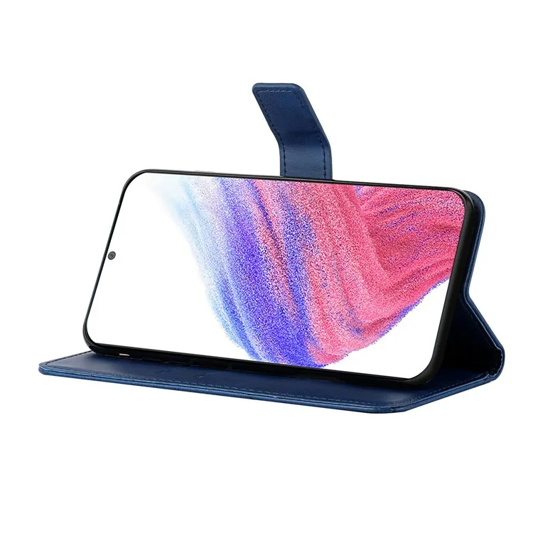 Pour Samsung Galaxy A54 5G Line Imprinting Solid Color PU Leather Wallet Stand Case Full Protection Phone Cover with Strap - Blue
