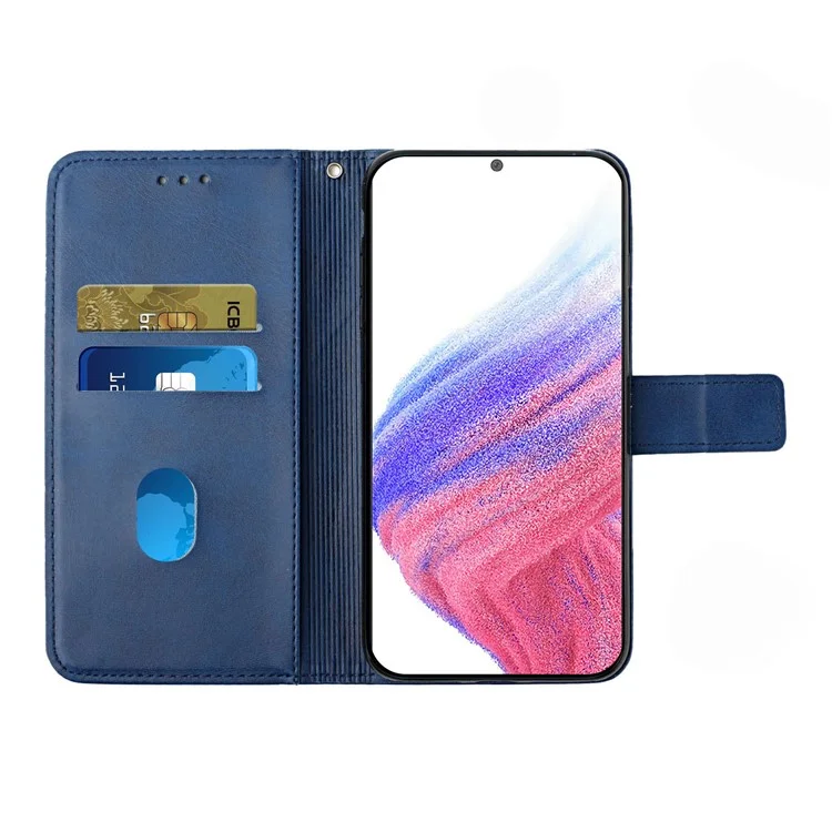 Pour Samsung Galaxy A54 5G Line Imprinting Solid Color PU Leather Wallet Stand Case Full Protection Phone Cover with Strap - Blue