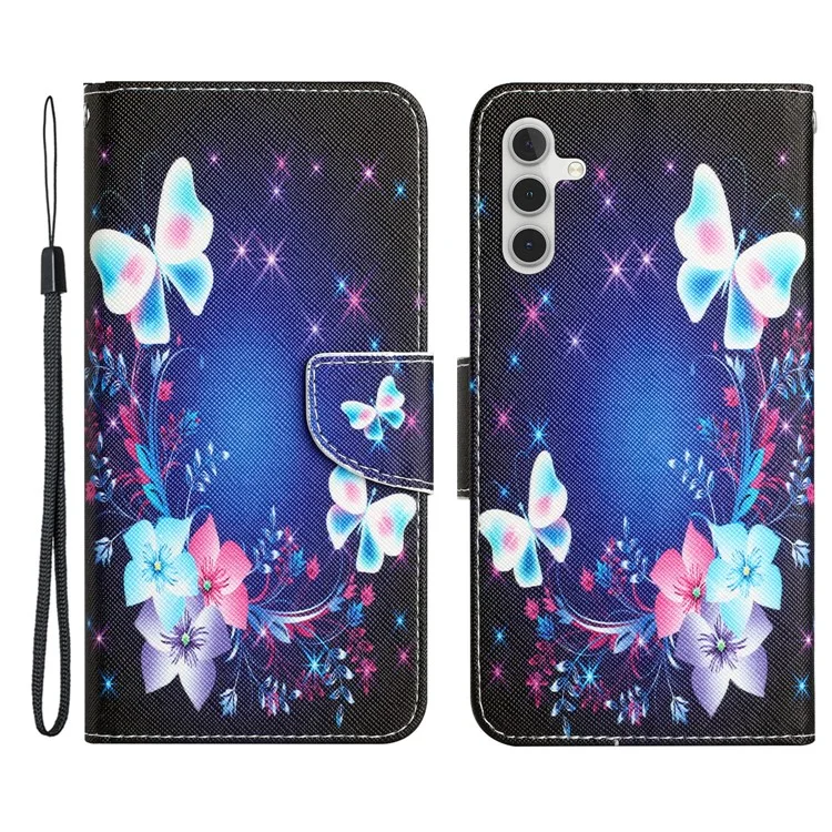 Per Samsung Galaxy A54 5G Cross Texture PU Leather Wallet Case Pattern Printing Magnetic Closure Stand Phone Cover with Strap - Butterfly