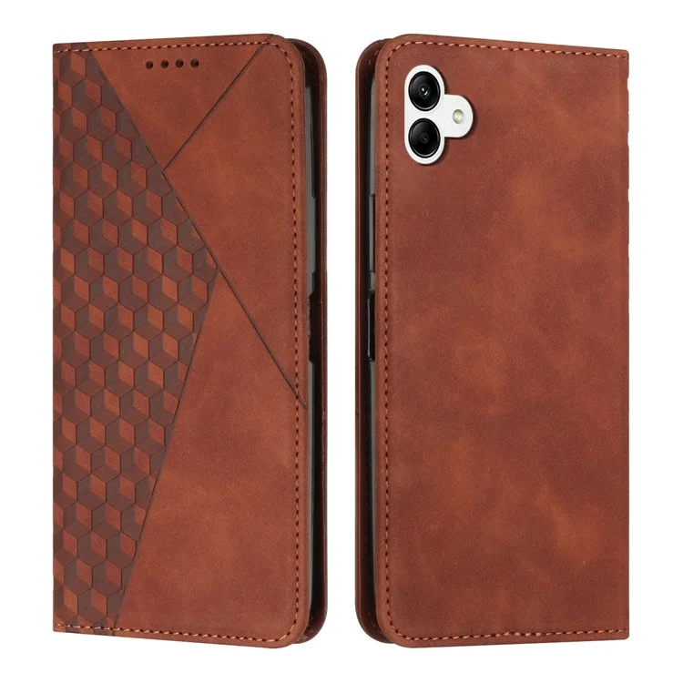 Telefon Flip Hülle Für Samsung Galaxy A04e 4G, Eingeprägter Rhombusmuster PU Leder Brieftasche Magnetische Haut-touch-abdeckung - Braun