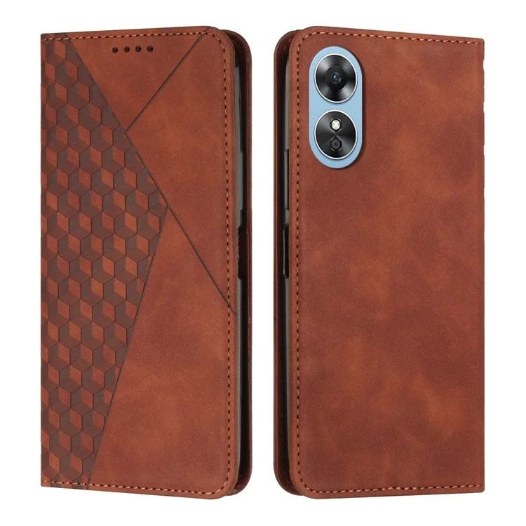 Per Oppo A17 4G / A17k 4G Sentenza Per la Pelle Che Sente in Pelle PU Impronta Modello di Rombo Stitore Assorbimento Magnetico Stile Flip Cover Del Telefono - Marrone