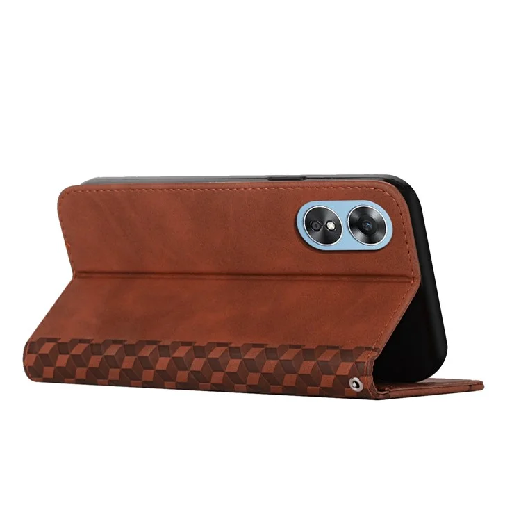 Per Oppo A17 4G / A17k 4G Sentenza Per la Pelle Che Sente in Pelle PU Impronta Modello di Rombo Stitore Assorbimento Magnetico Stile Flip Cover Del Telefono - Marrone