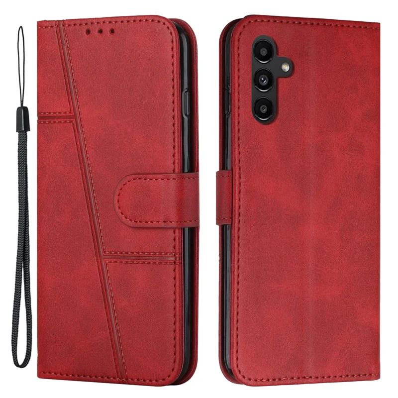 غطاء هاتف قابل للطي مع إبزيم مغناطيسي لهاتف Samsung Galaxy A34 5G، غطاء محفظة من جلد PU بنقش خطوط خياطة مع حزام - أحمر