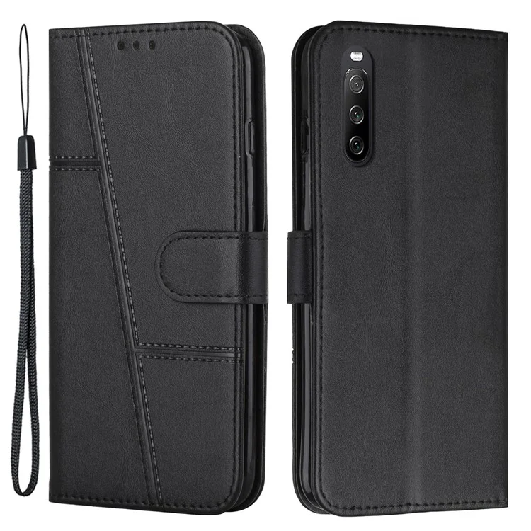 Für Sony Xperia 10 IV 5G Anti-Scratch PU-Leder-Standabdeckung Funktion Geprägte Nähnaht Geldbörse Handyhülle mit Riemen - Schwarz