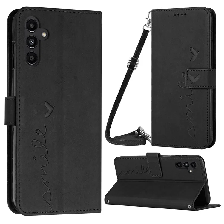 Per Samsung Galaxy A54 5G Supporto Hands-free Custodia Portafoglio in Pelle PU Flip Cover Impresso a forma di Cuore Sensazione di Tocco Pelle Antiurto Custodia per Telefono con Cinghia da Spalla - Nero