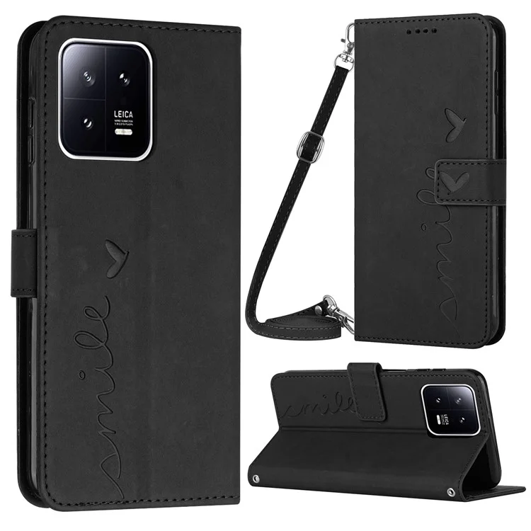 Para Xiaomi 13 5G Stand PU Leather Wallet Flip Cover Imprinted Heart Shape Skin-touch Feeling Shockproof Phone Case with Shoulder Strap - Negro