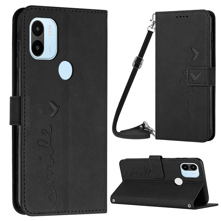 Para Xiaomi Redmi A1+ 4G / A2+ 4G / Poco C50 4G Admitir Soporte Funda de Cuero de PU Billetera Flip Cover Grabado con Forma de Corazón Sensación de Toque de Piel Funda de Teléfono a Prueba de Golpes con Correa para el Hombro - Negro