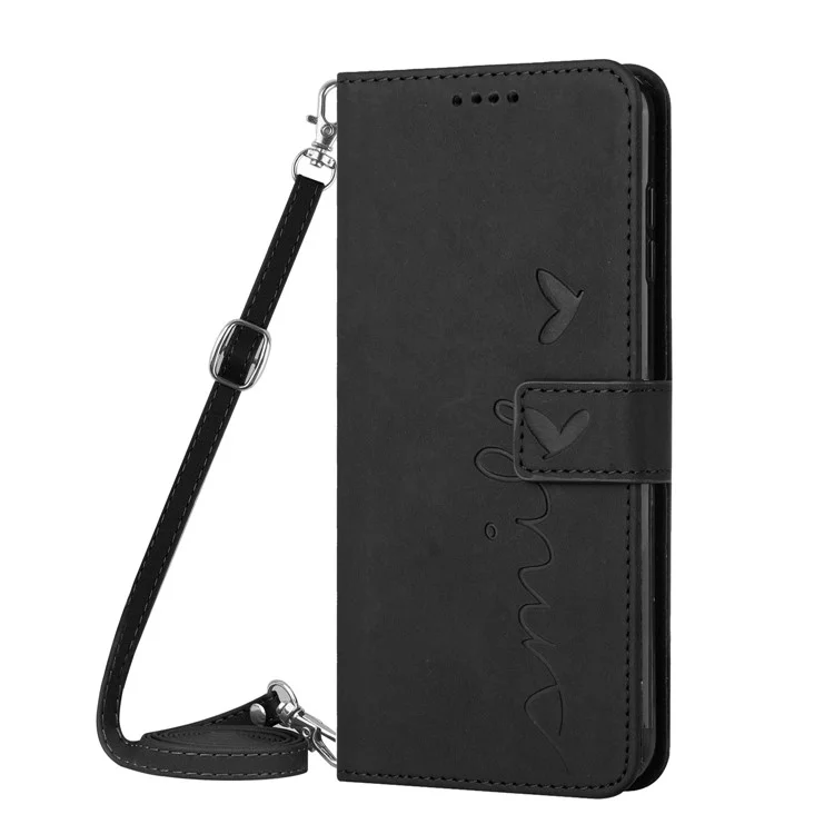 Para Xiaomi Redmi A1+ 4G / A2+ 4G / Poco C50 4G Admitir Soporte Funda de Cuero de PU Billetera Flip Cover Grabado con Forma de Corazón Sensación de Toque de Piel Funda de Teléfono a Prueba de Golpes con Correa para el Hombro - Negro