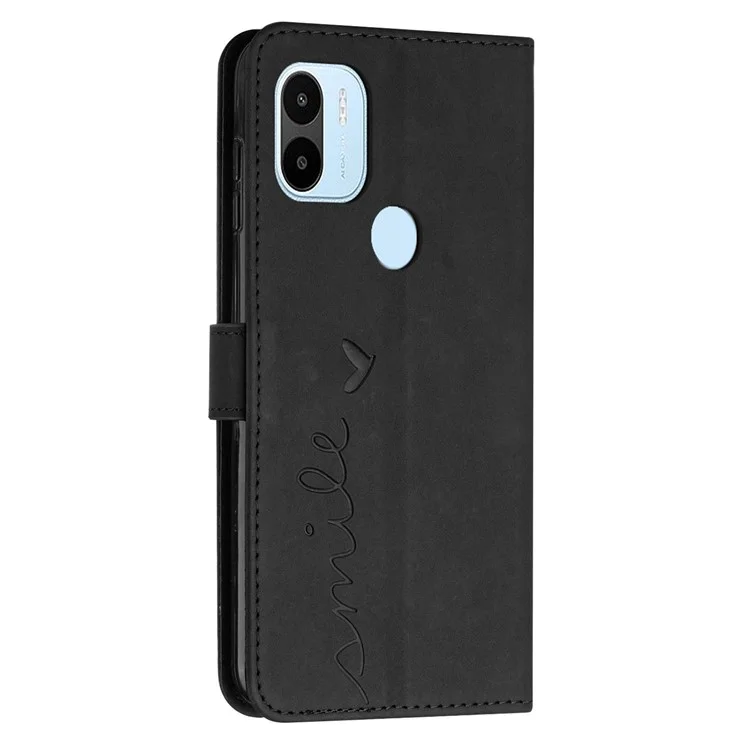 Para Xiaomi Redmi A1+ 4G / A2+ 4G / Poco C50 4G Admitir Soporte Funda de Cuero de PU Billetera Flip Cover Grabado con Forma de Corazón Sensación de Toque de Piel Funda de Teléfono a Prueba de Golpes con Correa para el Hombro - Negro