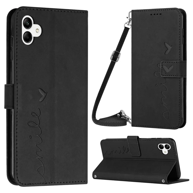 Etui portfelikowe z sztucznej skóry PU do Samsung Galaxy A04e 4G / F04 4G / M04 4G z nadrukiem serca, podstawką, wyczuwalnym na dotyk wykończeniem, antywypadkowe etui na smartfon z paskiem na ramię - Czarny