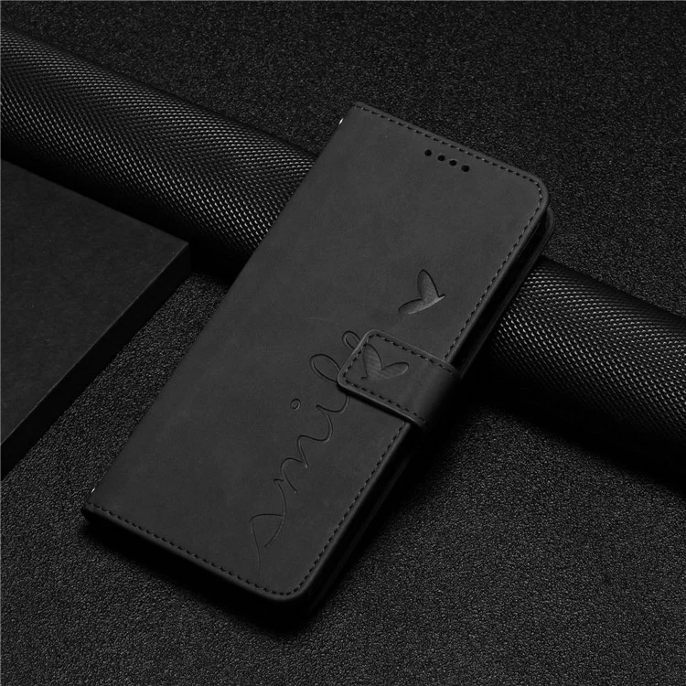 For Sony Xperia 1 IV 5G Anti-fingerprint PU Leather Wallet Phone Case Imprinted Heart Shape Skin-touch Feeling Stand Cover with Strap - Black