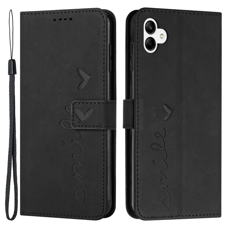 For Samsung Galaxy A04e 4G / F04 4G / M04 4G Book Style PU Leather Wallet Phone Case Imprinted Heart Shape Skin-touch Feeling Stand Cover with Strap - Black