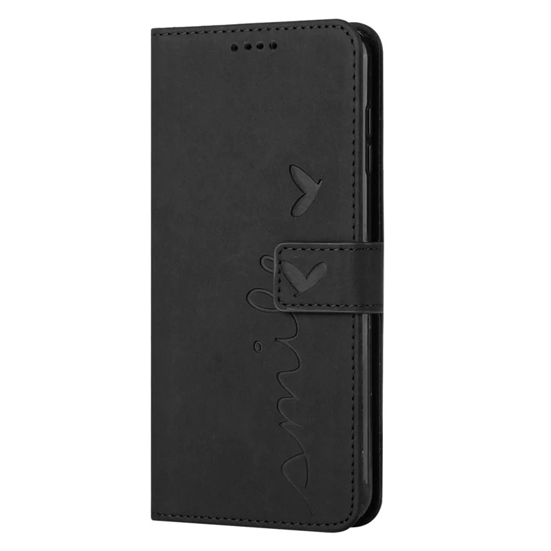 For Samsung Galaxy A04e 4G / F04 4G / M04 4G Book Style PU Leather Wallet Phone Case Imprinted Heart Shape Skin-touch Feeling Stand Cover with Strap - Black