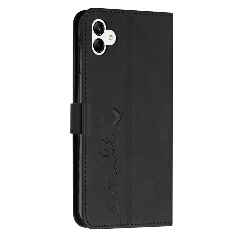 For Samsung Galaxy A04e 4G / F04 4G / M04 4G Book Style PU Leather Wallet Phone Case Imprinted Heart Shape Skin-touch Feeling Stand Cover with Strap - Black