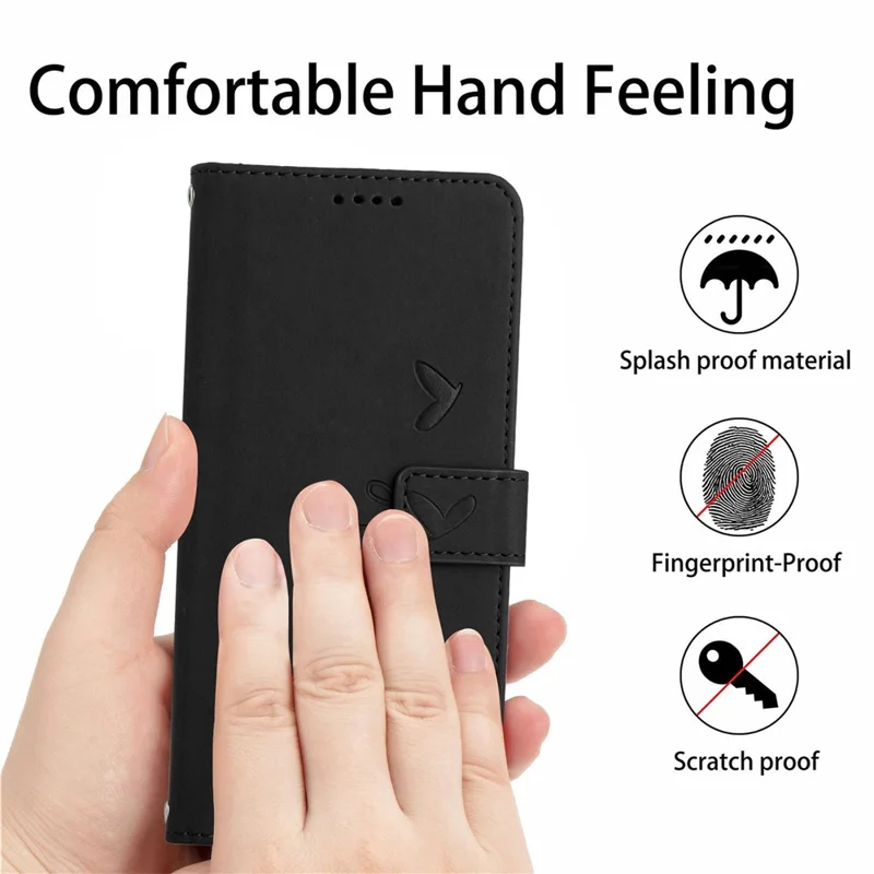 For Samsung Galaxy A04e 4G / F04 4G / M04 4G Book Style PU Leather Wallet Phone Case Imprinted Heart Shape Skin-touch Feeling Stand Cover with Strap - Black